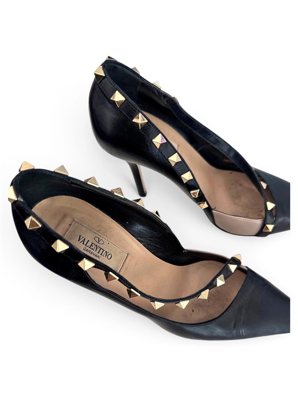 Valentino Black Leather Gold Rockstud Pointed-Toe Pumps